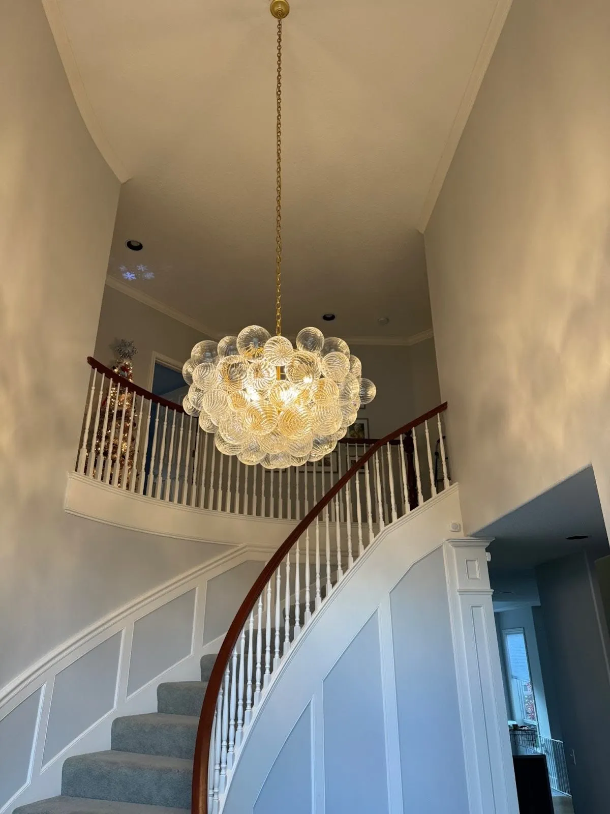 Glass bubble chandelier installed by Newman Electric in a Vancouver WA home foyer