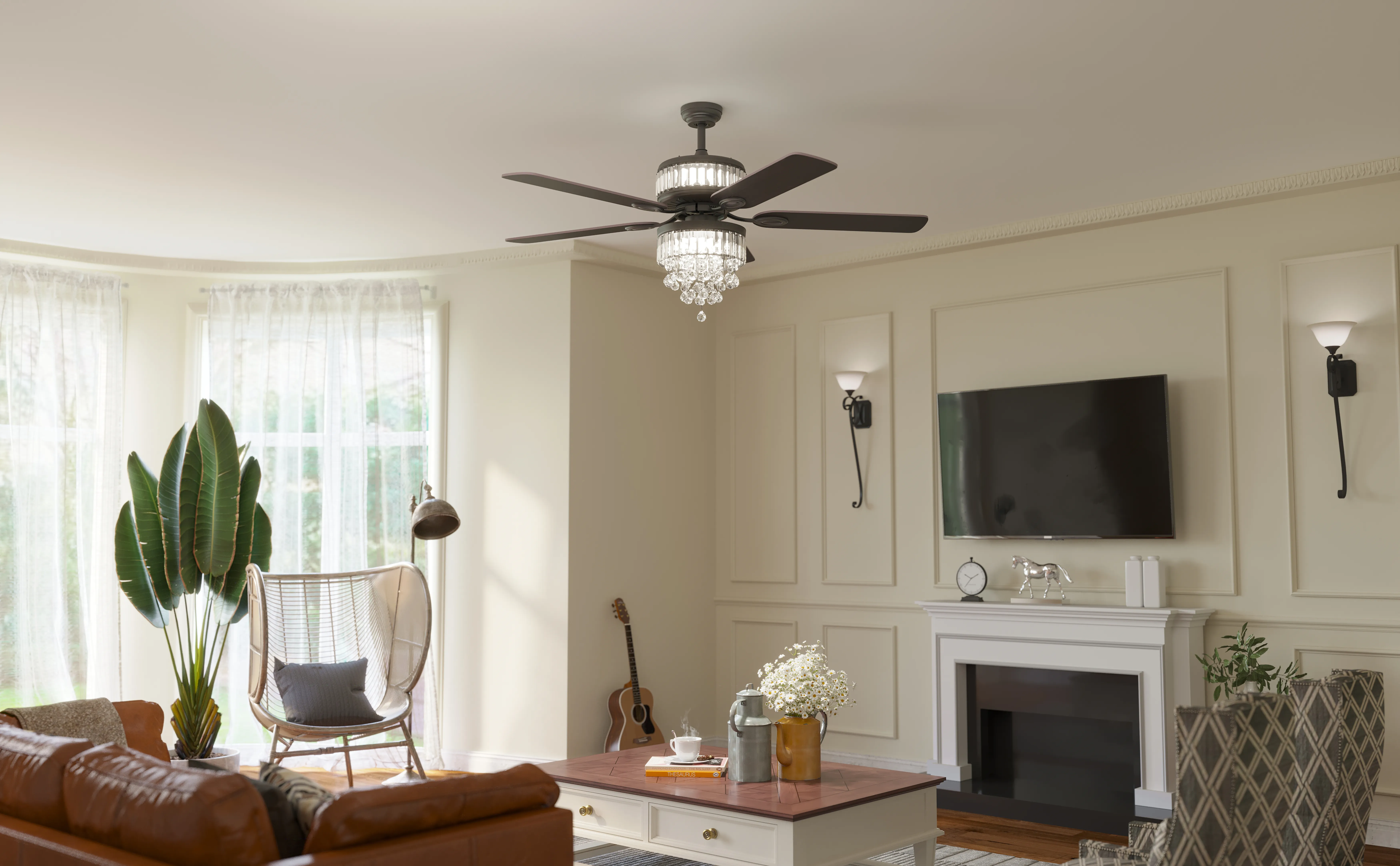 Living room with ceiling fan and wall sconces installed by Newman Electric