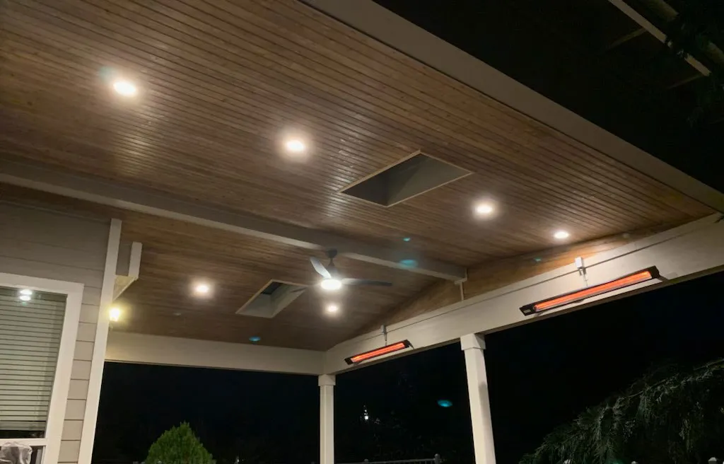 Covered patio with recessed outdoor lighting installed by Newman Electric in Vancouver WA